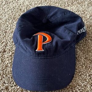 Navy Pepperdine hat with P on front Pepperdine on side and Velcro back